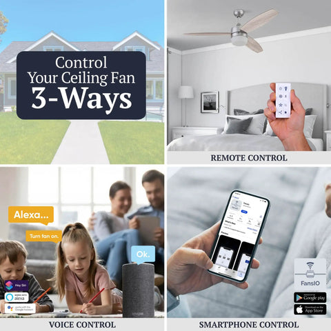 52 Inch Smart Ceiling Fan With Light And Remote with dual mounting and finish, showing control via remote, voice and app.