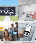 52 Inch Smart Ceiling Fan With Light, Remote, FansIO App, Dual Mounting Options, Dual Finish Blades, Voice Control With Alexa And Google Assistant, Modern Quiet Design For Any Room displayed in various control modes including remote, voice, and smartphone control.