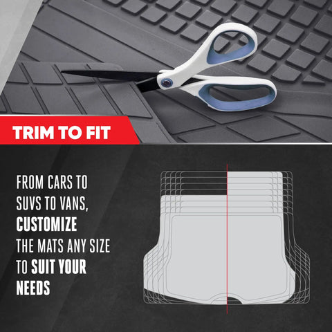 Built Tough Heavy Duty Trimmable Cargo Mat Liner with scissors showing trim-to-fit feature for customizing size in classic black.
