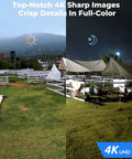 Image showing day and night view captured by 4K PoE Outdoor Security Cam with 123 degree field of view and color night vision.