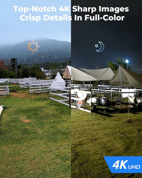 Image showing day and night view captured by 4K PoE Outdoor Security Cam with 123 degree field of view and color night vision.