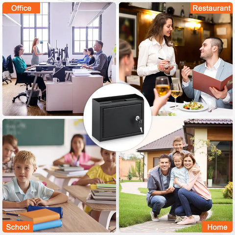 Locking Office Suggestion Box With Slot For Secure Feedback, Wall Mount Safe Mailbox shown in office, restaurant, school, and home settings