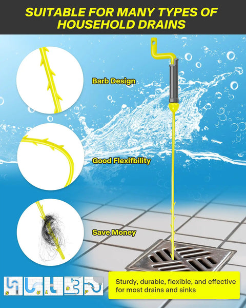 35 Inch Drain Clog Remover Kit With No Fuss Rotating Handle 7 Pack Hair Clog Remover Plumbing Snakes For Bathtub Sink And Shower Easy Quick Unclog Drains For All Homes And Everyday Quick Drain Rescue, yellow barbed snake on drain