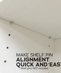 Dual Sided Shelf Pin Jig With One Quarter Inch And Five Millimeter Self Centering Drill Bits, holes in white cabinet