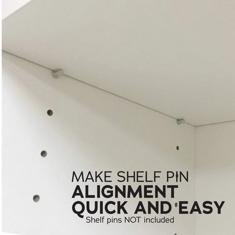 Dual Sided Shelf Pin Jig With One Quarter Inch And Five Millimeter Self Centering Drill Bits, holes in white cabinet
