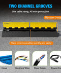 Two Pack Two Channel Cable Ramp Set With 22000 Lb Axle Capacity Heavy-Duty Rubber Cord Protector, black and yellow, on display