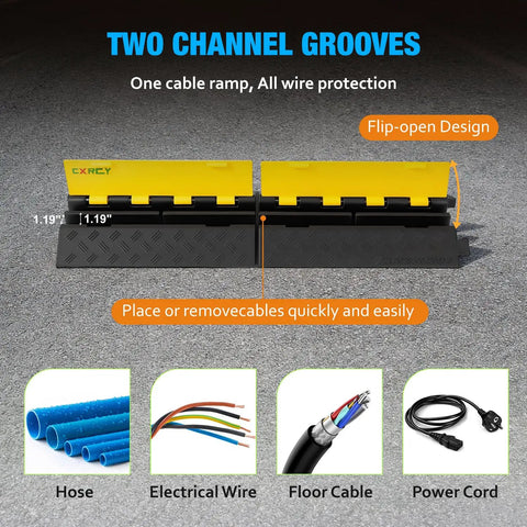 Two Pack Two Channel Cable Ramp Set With 22000 Lb Axle Capacity Heavy-Duty Rubber Cord Protector, black and yellow, on display