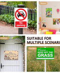 Image showing various uses for metal signs: 'No Parking' outdoors, decorative sign on a door, and 'Keep Off Grass' in a garden.