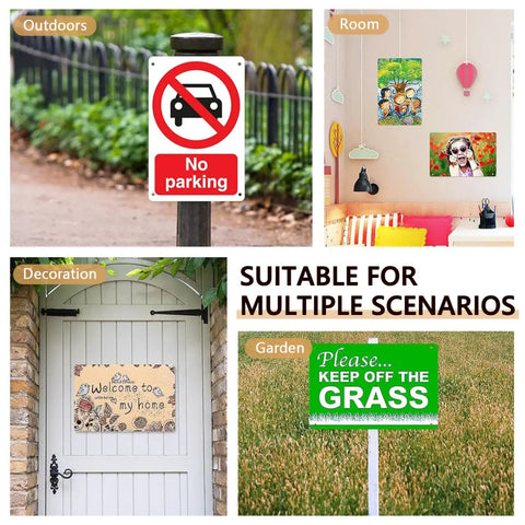Image showing various uses for metal signs: 'No Parking' outdoors, decorative sign on a door, and 'Keep Off Grass' in a garden.