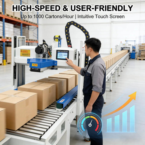 Image of Full Automatic Double Flap Box Sealer With Servo Motor Self Adjusts To Carton Sizes Instantly For High Speed Logistics And Ecommerce Packaging Lines Handles Up To 1000 Boxes Per Hour Effortlessly in a warehouse environment.