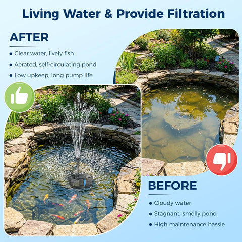 Comparison of a garden pond before and after using No Fuss 20W Solar Pond Filter Kit With Fountain Pump, showing cleaner water and clear fountain.