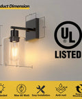 Black Wall Sconces Set of Two Farmhouse Rustic Bathroom Sconces With Glass Shade Modern UL Listed Vanity Lights for Hallway and Powder Room Hardwired Indoor Wall Lamps, single light dimensions with E26 socket