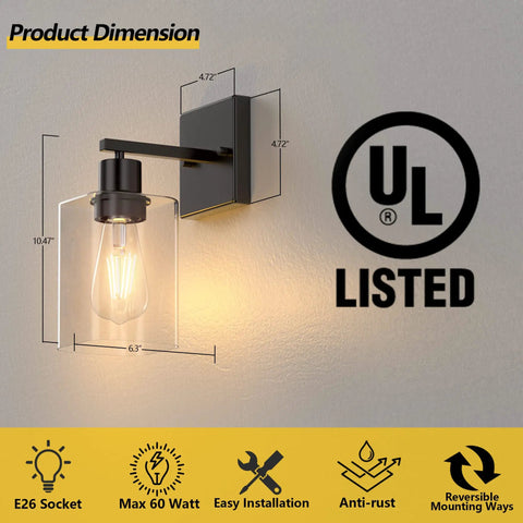 Black Wall Sconces Set of Two Farmhouse Rustic Bathroom Sconces With Glass Shade Modern UL Listed Vanity Lights for Hallway and Powder Room Hardwired Indoor Wall Lamps, single light dimensions with E26 socket