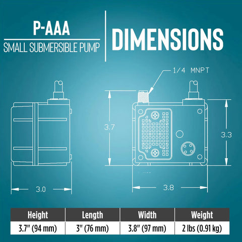Dimensions of Compact 120 GPH Submersible Water Pump With Six Foot Cord, height 3.7in, length 3in, width 3.8in.
