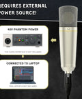 Studio Condenser Mic With 34mm Gold Diaphragm, Hydro Pop Filter, Metal Shock Mount, XLR Cable And Mic Bag For Home Recording, Vocals, Podcasting, And Music Production shown with phantom power and laptop connection illustration.