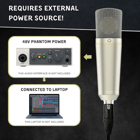Studio Condenser Mic With 34mm Gold Diaphragm, Hydro Pop Filter, Metal Shock Mount, XLR Cable And Mic Bag For Home Recording, Vocals, Podcasting, And Music Production shown with phantom power and laptop connection illustration.