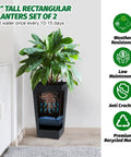 16 Inch Tall Planters Set Of 2 For Indoor And Outdoor Use In Black With Drainage Holes Inner Bucket And Water Level Monitors