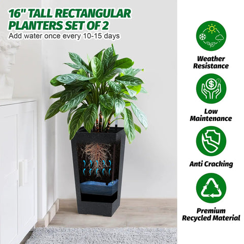 16 Inch Tall Planters Set Of 2 For Indoor And Outdoor Use In Black With Drainage Holes Inner Bucket And Water Level Monitors