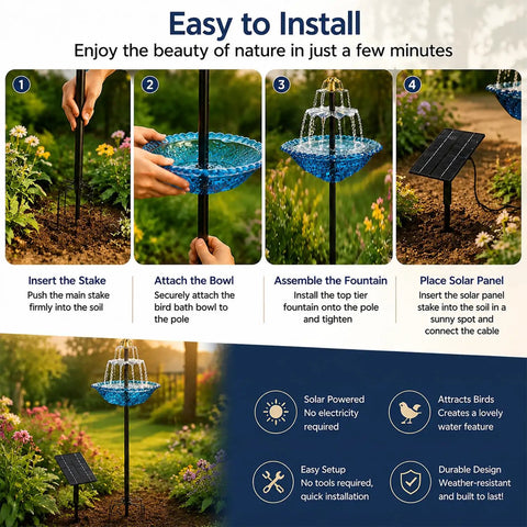 Instructions for installing Sun-Powered Bird Bath Fountain With External Solar Panel And Copper Cleaner in garden