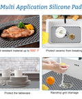 Center Drain Silicone Sink Mat No Slip Heat Resistant For Kitchen And RV Sinks shown with cookware and dishes.