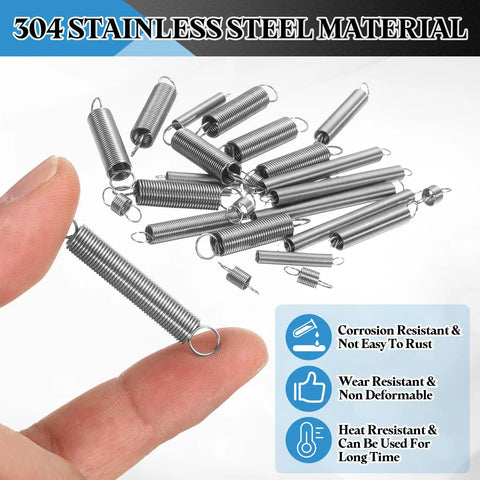 Premium Grade 304 Stainless Steel Extension Springs 10 Pack Featuring Dual End Hooks And Slim .02 Inch Wire Diameter in hand.