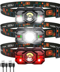 Rechargeable Headlamp Flashlights 3 Pack, 2000 Lumen LED Headlights With Red Light, Waterproof Lightweight Headlamps shown with USB cables