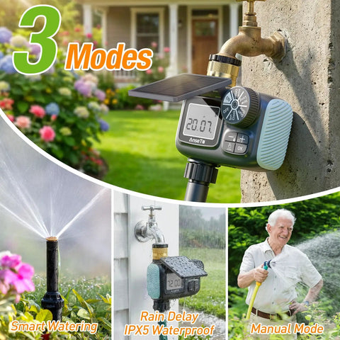 Solar Powered Sprinkler Timer With 1000mAh Type-C Rechargeable Battery mounted on faucet for garden irrigation in yard