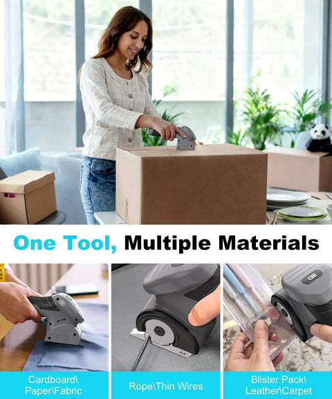 Woman using Heavy Duty Cordless Electric Scissors With Fast Charging Rechargeable Battery to cut cardboard.