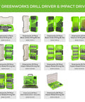 Various Greenworks drill and impact driver bit sets with different sizes and contents in plastic cases for Beefy 24V Brushless Drill Driver And One Quarter Inch Impact Driver Combo Kit With Dual USB Power Bank Batteries, Dual Port Charger, LED Light, Two Driving Bits, And Durable Tool Bag.