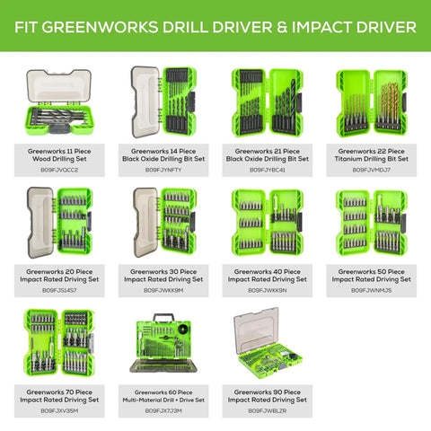 Image of Greenworks drill and impact driver bit sets, featuring various sizes and materials for versatile drilling needs.