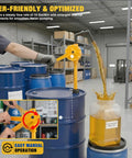 Heavy-Duty Barrel Pump Handles 15 To 55 Gallons Easy 10 Gpm straight up pumping liquids from a blue drum into a container.