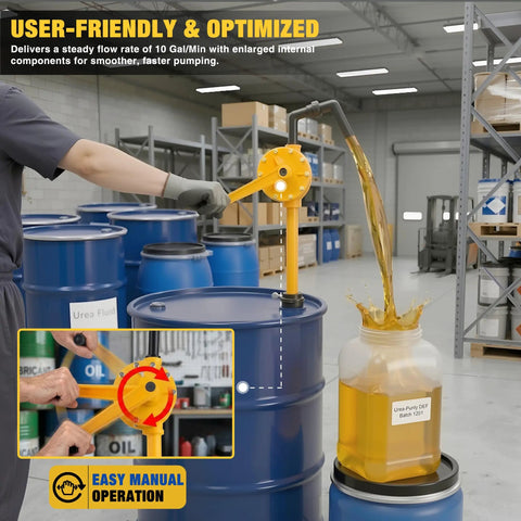 Heavy-Duty Barrel Pump Handles 15 To 55 Gallons Easy 10 Gpm straight up pumping liquids from a blue drum into a container.