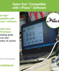 Laptop displaying Gator Eye i-Press software next to hydraulic tool in workshop setting, focusing on performance monitoring