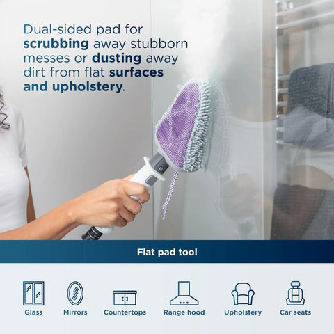 Whole Home Steam Mop With Detachable Handheld for sealed floors cleaning stubborn messes on glass with a dual-sided pad.