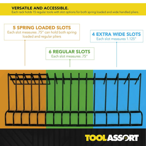 Heavy-Duty Plier Organizer Rack Set with 15 slots for regular and wide pliers showcased, illustrating versatile layout.