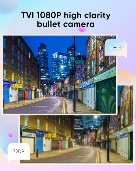 Comparison of TVI 1080P and 720P street views captured by 4 Channel Full Color Night Vision CCTV Camera System For Home And Outdoors 1080P TVI Wired Security With 3500K Warm Spotlight LED Includes Adapters And Cables No Brainer Plug And Play