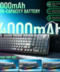 Wireless 98% Mechanical Keyboard With Triple Mode And Media Knob Full Numpad For Gamers And Typists Smooth Buttery Keys For Your Sweet Gaming Setup Or Home Office Rig No Lag Guaranteed, showcasing 4000mAh battery and RGB lights.