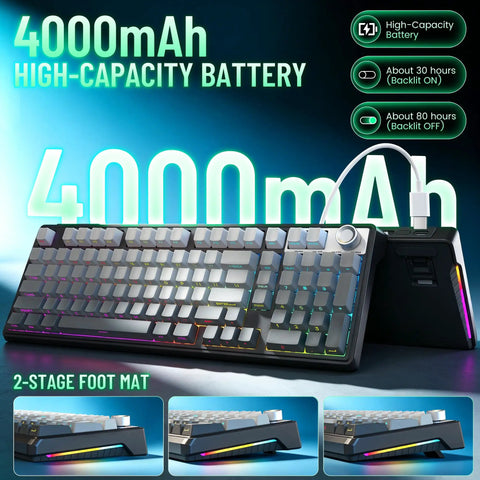 Wireless 98% Mechanical Keyboard With Triple Mode And Media Knob Full Numpad For Gamers And Typists Smooth Buttery Keys For Your Sweet Gaming Setup Or Home Office Rig No Lag Guaranteed, showcasing 4000mAh battery and RGB lights.