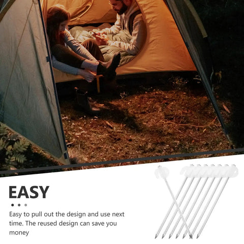 Couple camping with Heavy Duty Tent Stakes Set with Fluorescent Ground Pegs and Dark Cord, showcased outside a tent.