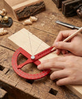 Heavy Duty Angle Finder With Dead Nuts Secure Locking Swing Arm Reads Zero To One Eighty Degrees in use on wood
