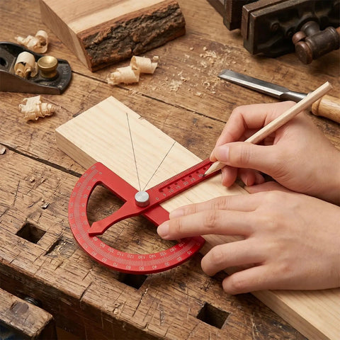 Heavy Duty Angle Finder With Dead Nuts Secure Locking Swing Arm Reads Zero To One Eighty Degrees in use on wood