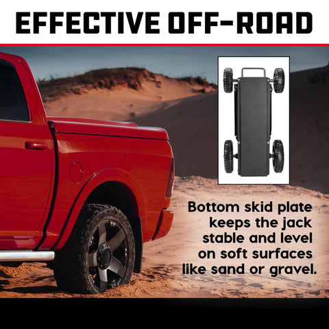 Big Wheel Three In One Garage Jack For Cars Trucks And Motorcycles With One And A Half Ton Capacity And 3000 Pound Lift Off Road Ready on sand