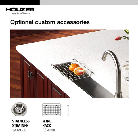 Contempo Trough Stainless Steel Kitchen Bar Sink Undermount 23 Inch with strainer and grid on countertop.