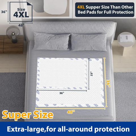 Image of Heavy Duty Disposable Bed Pads For Adults Extra Large 36 X 48 Inch on bed, showing size dimensions and texture.