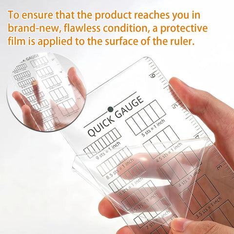 Quick Gauge Ruler For Knitting And Crochet No Sweat Stitch Measurement Tool With Clear Grid Layout, protective film visible.