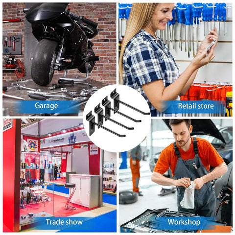 Heavy Duty Slatwall Hooks 24 Pack Set For Garage Shed And Workshop Metal Wall Hangers In 4 6 And 8 Inch Sizes displayed in various use settings