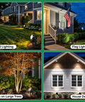 Low Voltage Landscape Spotlight Kit 12V LED Outdoor Lights For Yard Path Garden Tree, showcasing yard, flag, tree, and house lighting.