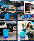 Get This 5 Gallon Bucket Dolly Cart With Swivel Casters For Easy Mobility perfect for car wash projects, featuring blue plastic design and wheels.