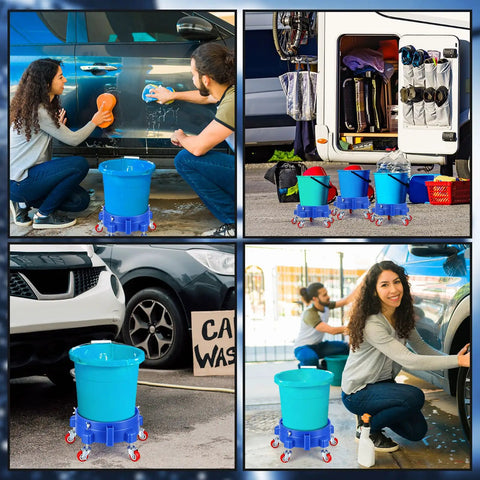Get This 5 Gallon Bucket Dolly Cart With Swivel Casters For Easy Mobility perfect for car wash projects, featuring blue plastic design and wheels.