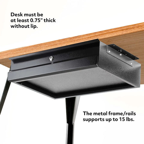 Heavy Duty Cold Rolled Steel Under Desk Drawer With Secure Lock And Slick Slide Out Tracks For Boss Level Paperwork And Tech Accessory Organization At Your Desk Station, showing installation under a desk.